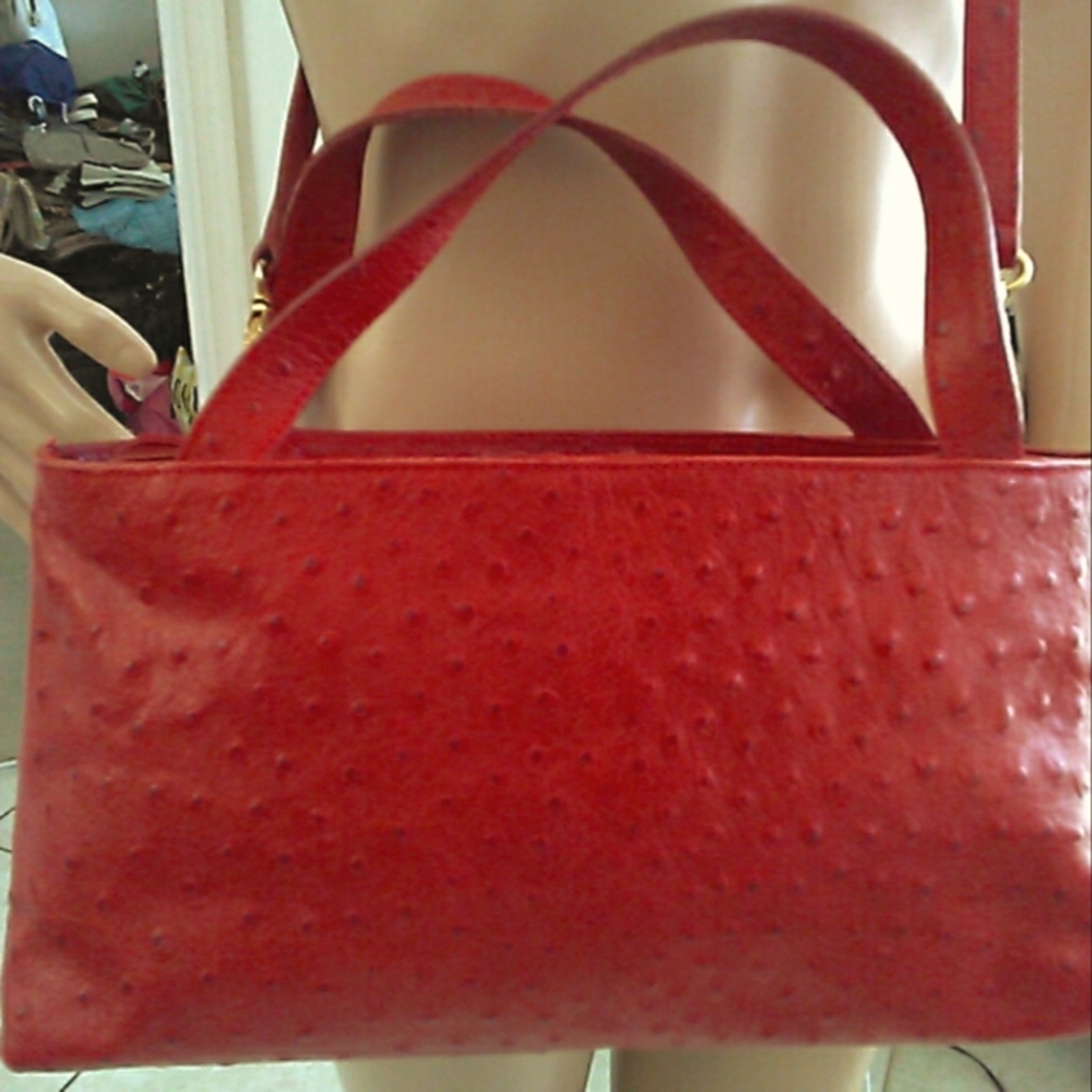 VINTAGE TANNER ITALY Elegant Red Ostrich-LEATHER Shoulder Bag GENUINE TAG INSIDE